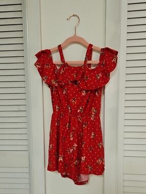 Girls' Red Floral Ruffle Romper